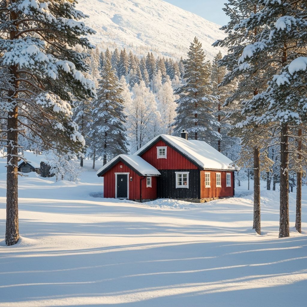 A traditional Norwegian mountain cabin in late-winter snow
